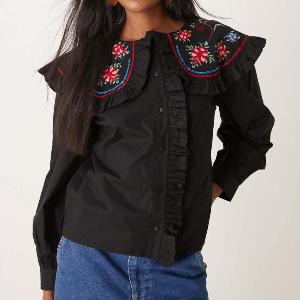 ASOS Black Blouse with Colorful Embroidered Collar